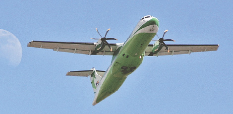 Lower part of a Binter ATR flying as seen from the ground