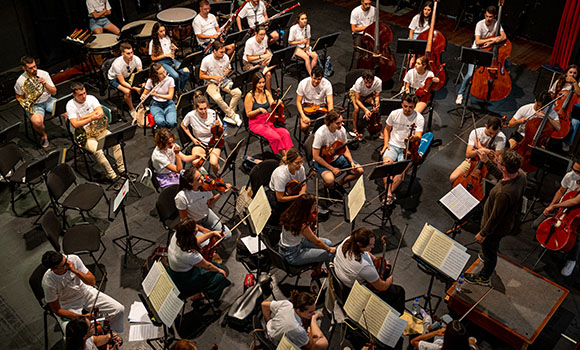 Overhead shot of young musicians playing at a concert